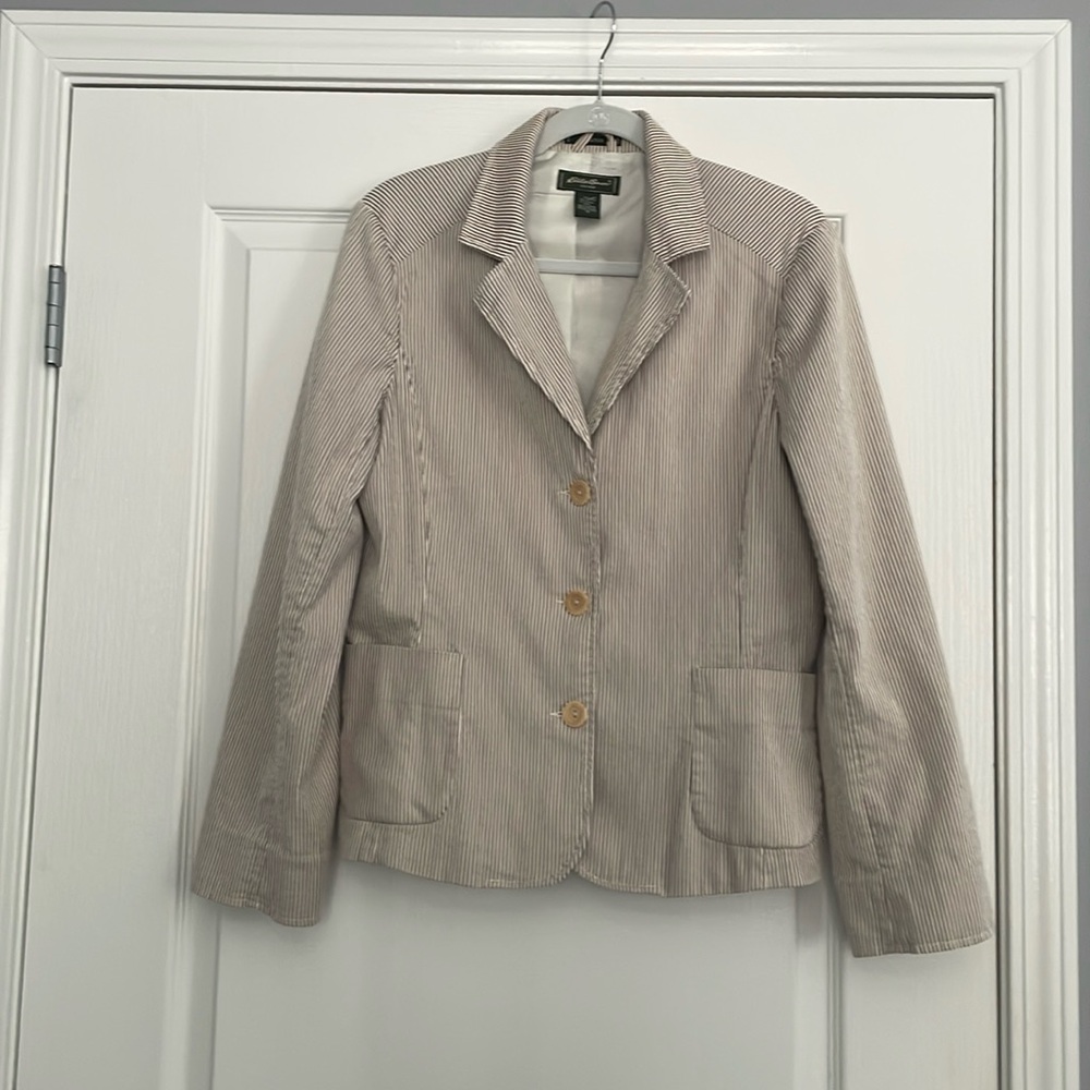 Eddie‎ Bauer suit Jacket. Size 12. Brown and white vertical stripes.